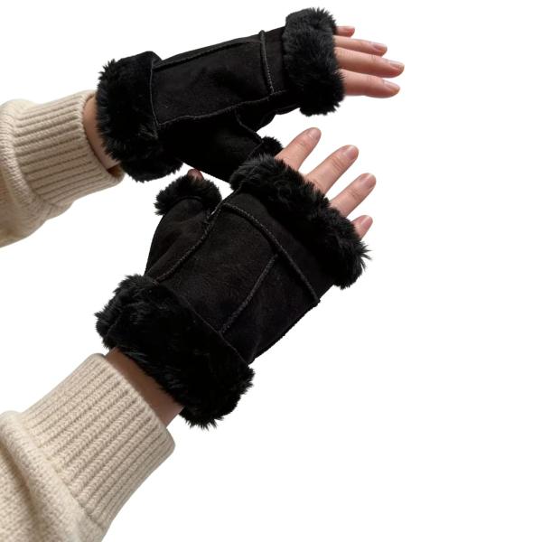 Fingerlose Handschuhe aus Lammfell in Schwarz - warm & zeitlos
