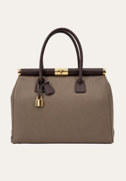 Henkeltasche aus Dollaro-Leder im Doctor-Bag-Stil Taupe/Dunkelbraun