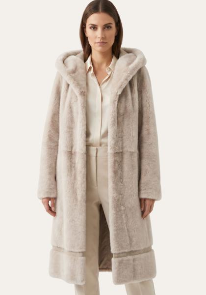 Shearling Lammfellmantel Creme-Beige mit Kapuze Modell 1053