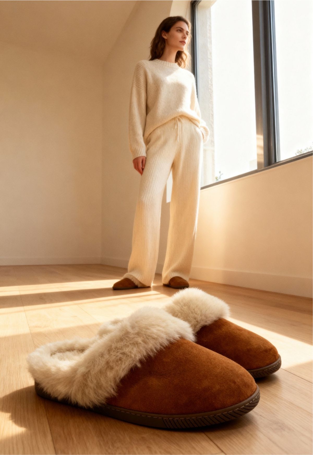 Damen Lammfell-Hausschuh „Mira“ aus Merino Lammfel in Cognac