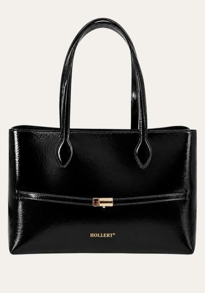 Knitted Henkeltasche Schwarz - Elegante Handtasche aus 100% Echtleder in Lackoptik