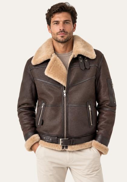 Shearling Lammfelljacke - Markanter Fliegerstil miit Gürtel