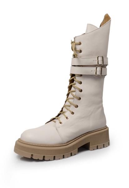 Cream Lace-up Boots with a Block Heel