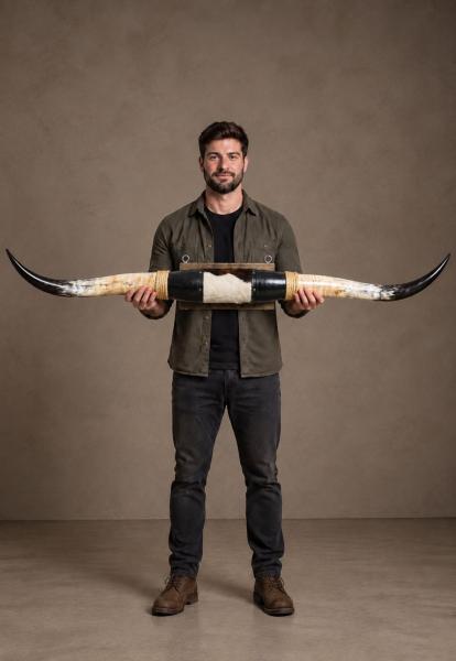 Longhorn Wandobjekt Modell 14 - Naturhorn Einzelstück mit Leder & Wandhalterung