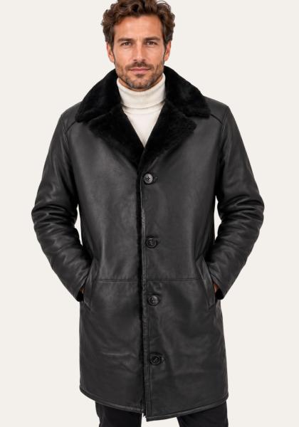 Shearling Lammfellmantel Schwarz – Butterweiches Nappaleder mit Lammfellkragen