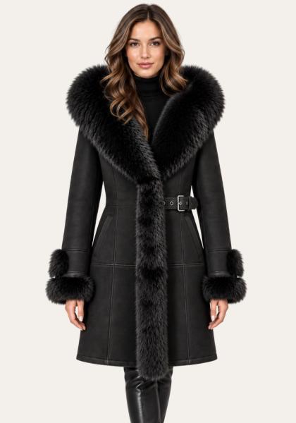 Shearling Lammfellmantel Schwarz mit Fellbesatz & Kapuze