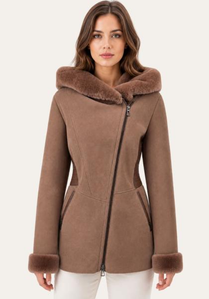 Lammfelljacke Beige mit Kapuze und Ledereinsätzen - natürlich warm & stilvoll