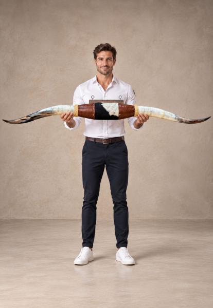 Longhorn Wandobjekt Modell 15 - Naturhorn Einzelstück mit Leder & Holzhalterung