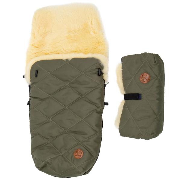 Set of a sleeping bag for a trolley and a hand warmer made of lamb's wool Green
