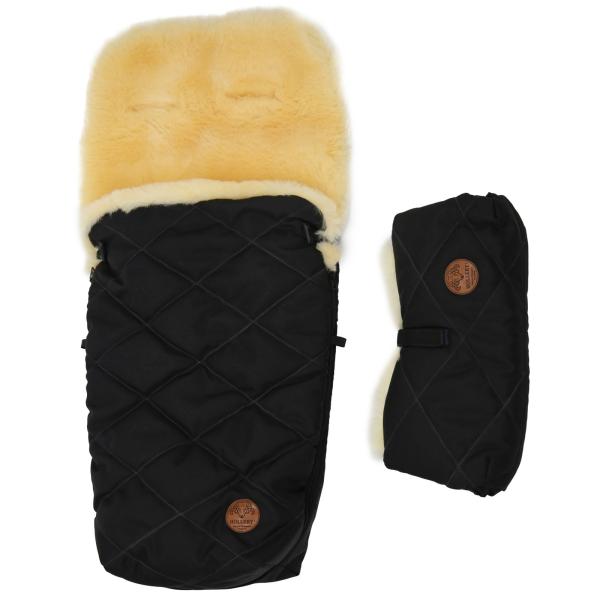Set of a sleeping bag for a trolley and a hand warmer made of lamb's wool Black