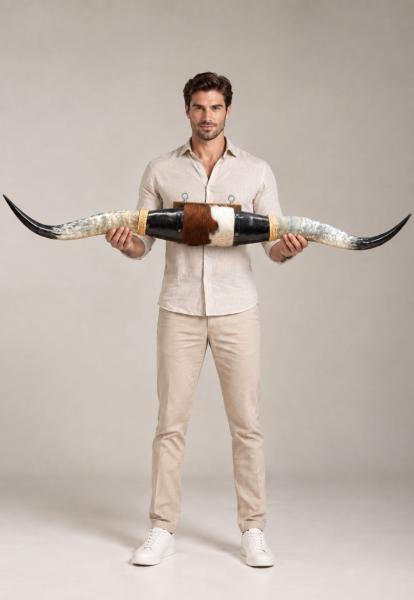 Longhorn Wandobjekt Modell 16 - Naturhorn Einzelstück mit Leder & Wandhalterung