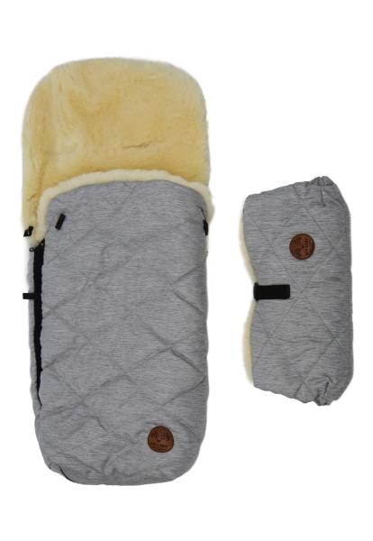 Set of a sleeping bag for a trolley and a hand warmer made of lamb's wool Grey