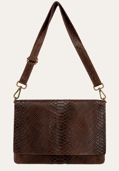 Leder Schultertasche mit edler Python-Prägung Dunkelbraun