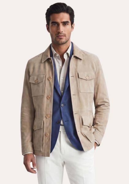 Lederjacke in Beige Klassischer Safari Stil