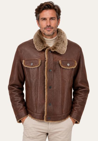 Shearling Lammfelljacke Braun - Trucker-Stil mit breitem Lammfellkragen