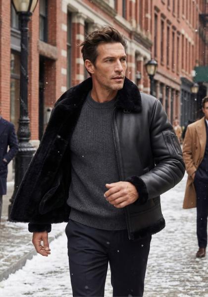 Lammfell Bomberjacke Aviator Black aus Merino Shearling