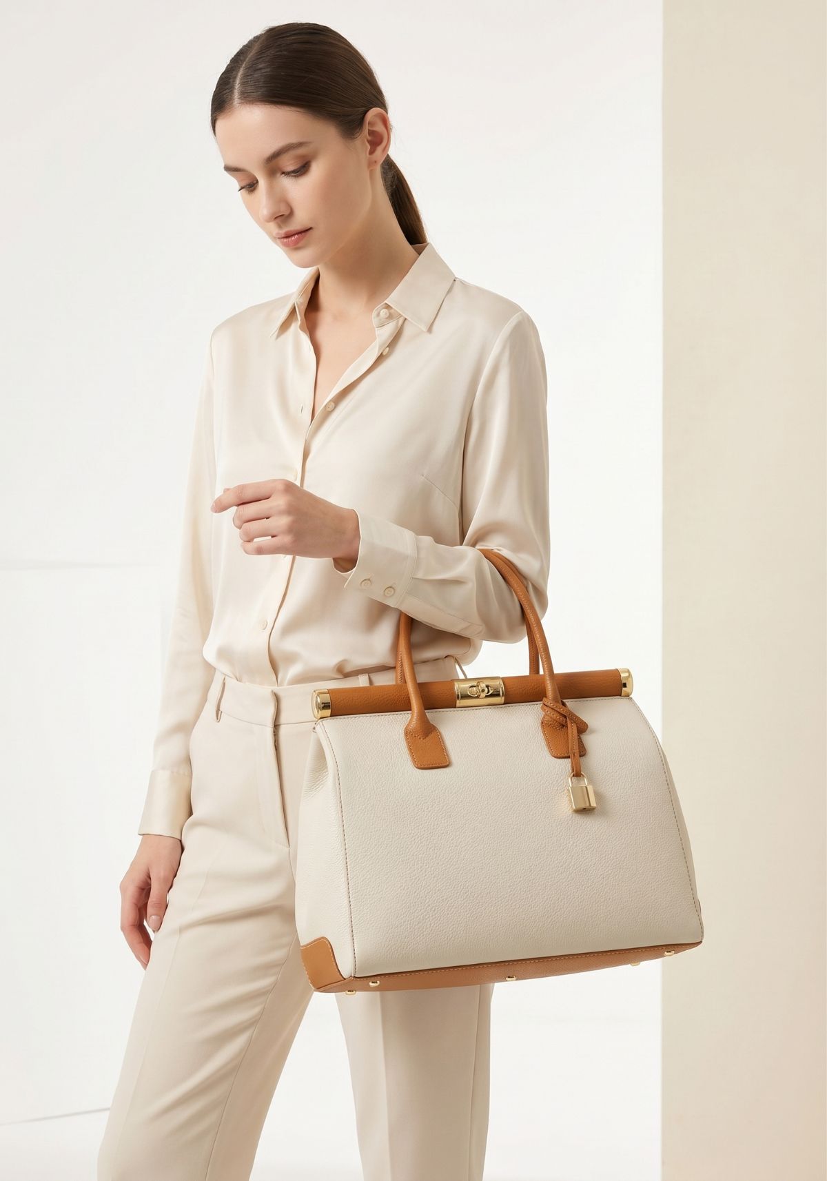 Luxus Leder-Handtasche Damen – Business Bag & Schultertasche in Creme/Cognac