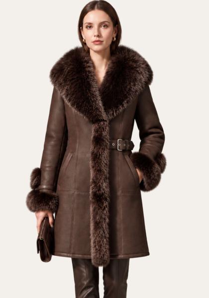 Shearling Lammfellmantel Braun mit Fellbesatz & Kapuze