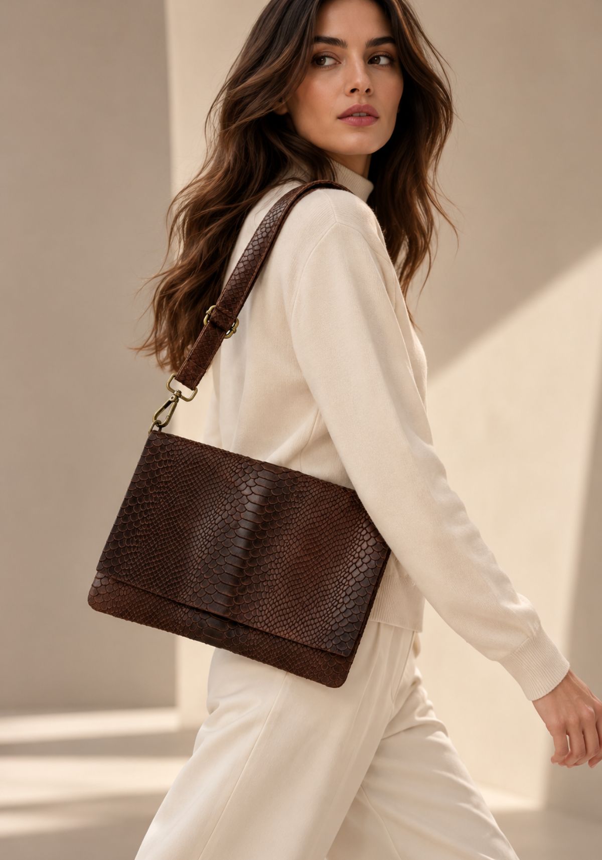 Leder Schultertasche mit edler Python-Prägung Dunkelbraun