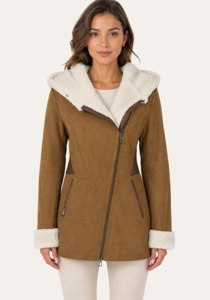 Lammfelljacke Chestnut mit Kapuze und Ledereinsätzen – natürlich warm & stilvoll