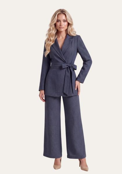 Damen Set Blau – Langarm Wickelblazer & Palazzo-Hose