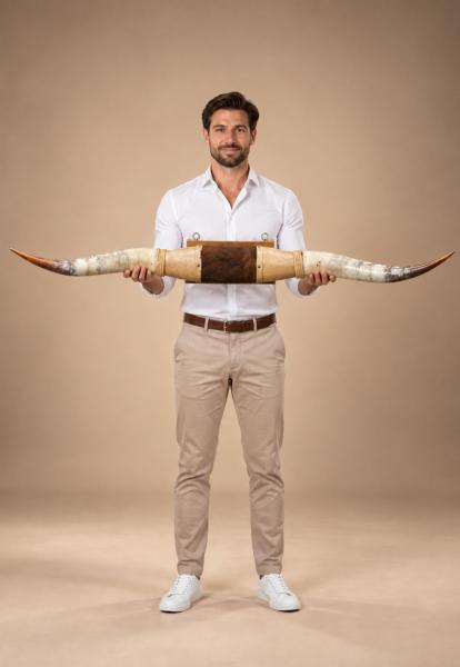 Longhorn Wandobjekt Modell 17 - Naturhorn Einzelstück mit Leder & Wandhalterung