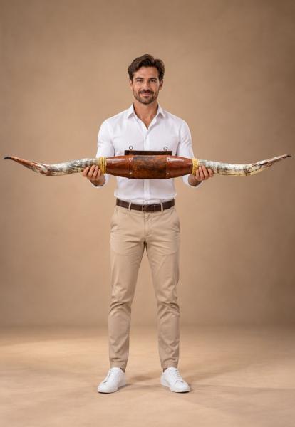 Longhorn Wandobjekt Modell 18 - Naturhorn Einzelstück mit Leder & Wandhalterung